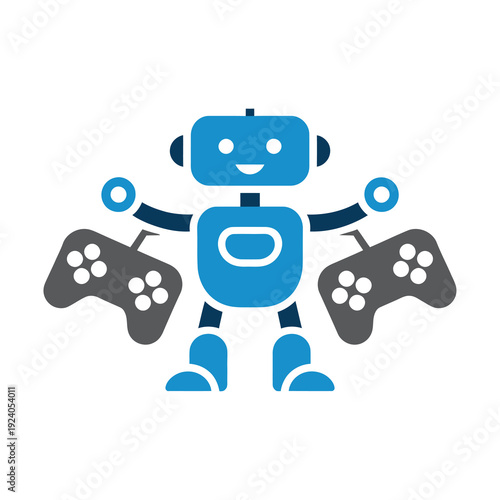 Blue vector robot holding two gaming controllers with a friendly expression on its face