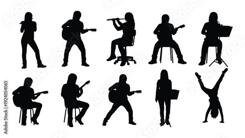 A group of musicians in silhouette playing various instruments isolated on white background, Vector