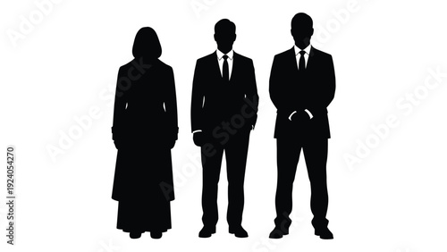 Three business professionals standing in a row isolated on white background, Vector