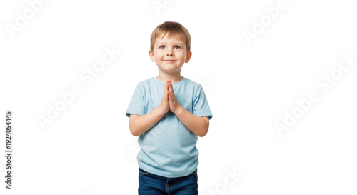 Photo-realistic portrait of a young boy, ideal for Childhood and Spirituality niches, showing hands clasped in prayer, symbolizing innocence, hope, and devotion.