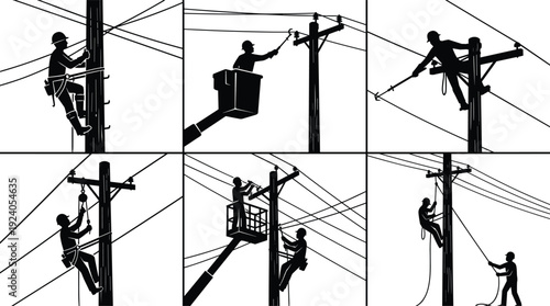 Electrical Utility Linemen Silhouette Set Working on Power Lines with Bucket Truck and Climbing Poles for Electricity Maintenance and Infrastructure