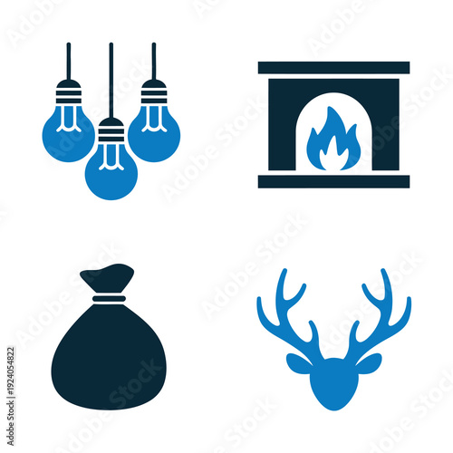 Vector featuring light bulbs, a fireplace, a bag of money, and a deer head