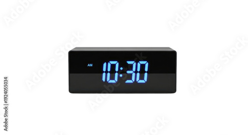 Photo-realistic image of a modern black digital alarm clock displaying 10:30 AM, representing time, technology, and punctuality.