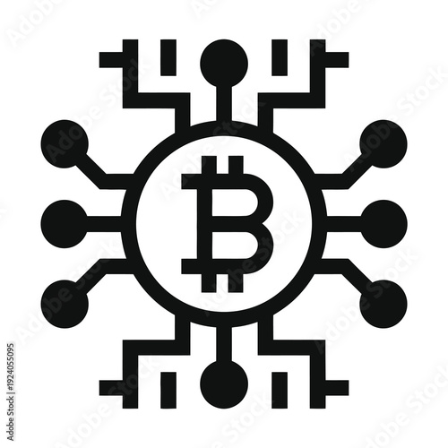Vector icon featuring a bitcoin symbol in the center of a network diagram