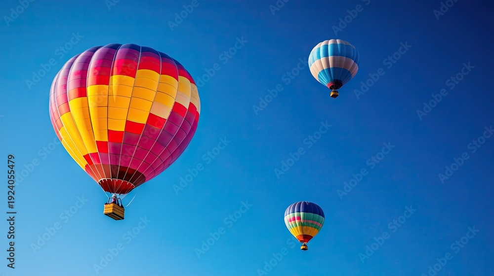 Fototapeta premium Colorful hot air balloons in a bright blue sky soaring gracefully above the landscape during a tranquil morning, capturing the essence of joy and adventure in flight.