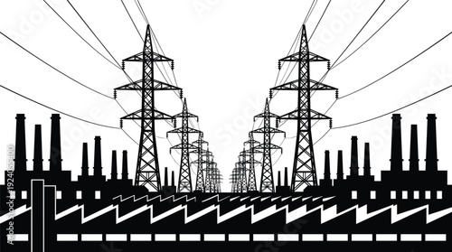 Industrial Factory Silhouette with High Voltage Power Lines and Electricity Transmission Pylons for Energy Infrastructure, Manufacturing Industry, and Power Supply Concept