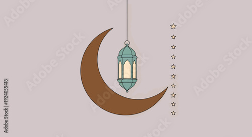 Ramadan Kareem illustration of crescent moon with lantern and stars