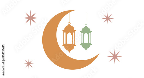Ramadan Kareem celebration with crescent moon and lanterns
