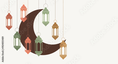 Ramadan Kareem celebration with colorful lanterns hanging on crescent moon