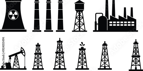 Industrial Icon Set Featuring Nuclear Power Plant Factory Chimneys Water Tower Oil Rig and Pump Jack Silhouettes for Energy Production IndustryIndustrial Icon Set Featuring Nuclear 