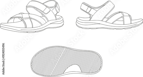 Sport comfort sandals technical drawing set, flat vector illustration isolated on white background footwear design collection