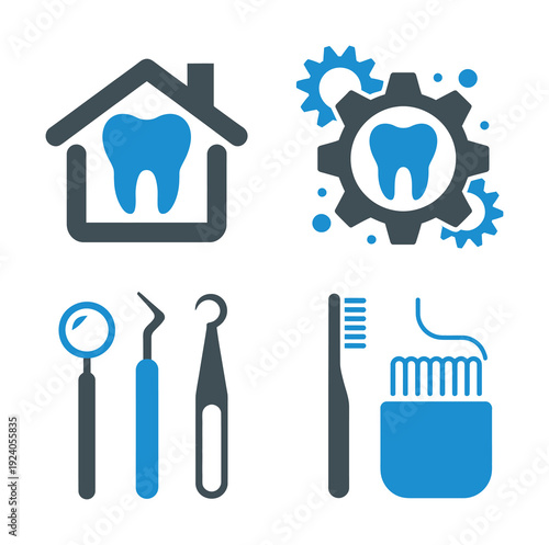 Blue and gray vector showcasing dental care tools and icons related to dentistry