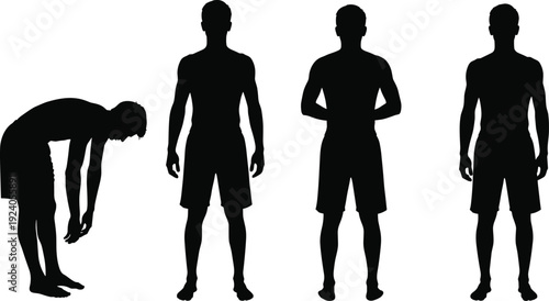 Male body posture silhouette collection featuring standing, relaxed, and stretching poses representing fitness, anatomy, exercise preparation, and human body movement concepts