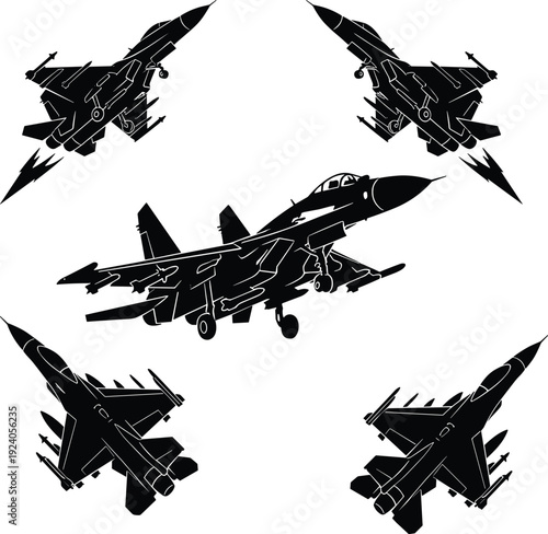 Military Fighter Jet Silhouette Collection with Supersonic Aircraft and Advanced Combat Planes for Air Force Aviation Defense and Aerospace Industry