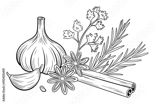 Black and White of Garlic, Spices, and Herbs