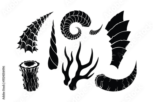 Collection of fantasy creature horns and antlers in black silhouette