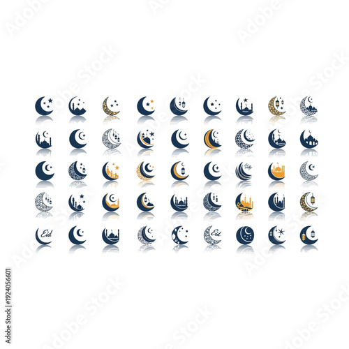 Collection of Moon Icons with Reflections, Celestial Symbols for Nighttime