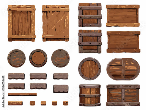 Assorted wooden crates barrels and planks isolated on a white background
