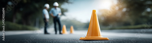 Orange traffic cone on asphalt road with two construction workers in safety helmets, outdoor road repair zone, safety and teamwork concept