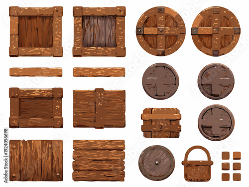 Assorted wooden crates barrels and planks arranged in a grid pattern