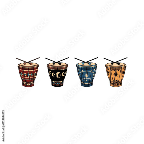 Colorful Tribal Patterned Drums with Sticks - Ethnic Percussion Illustration