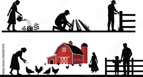 Rural farming lifestyle silhouettes featuring gardening, poultry feeding, barn landscape, farmer activities and countryside family life agriculture concept illustration set