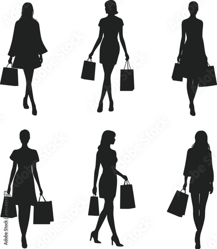 Elegant women silhouettes with shopping bags, stylish female shoppers walking isolated on white background, fashion retail vector illustration collection
