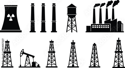 Detailed Electrical Substation Silhouette with Power Transformers and High Voltage Transmission Pylons for Energy Infrastructure and Electricity Grid Industry Concept