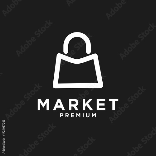 Minimalist Outline Shopping Bag Icon with Market Premium Text Logo