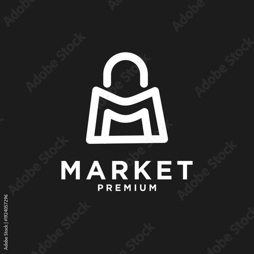 Market Premium Logo Design Featuring Stylized Shopping Bag and Letter M Icon on Black Background