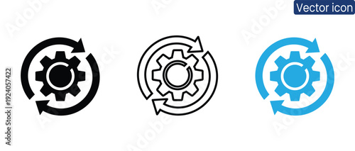 Three variations of settings gear icon with circular arrows, symbolizing configuration and update