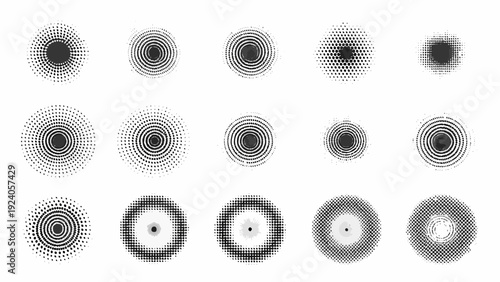Collection of grayscale dotted concentric circles in varying sizes and densities