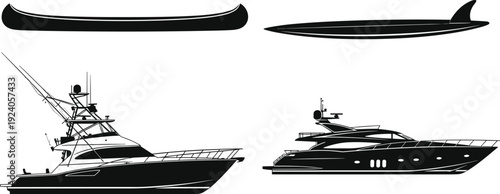 Black silhouette vector illustrations of canoe, surfboard, sport fishing boat, and luxury yacht, symbolizing recreation, sport, and leisure marine themes for creative design projects.