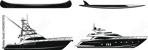 Black silhouette vector illustrations of canoe, surfboard, sport fishing boat, and luxury yacht, symbolizing recreation, sport, and leisure marine themes for design projects.