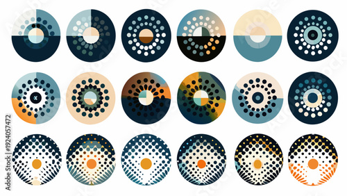 Abstract arrangement of colorful dotted circles in varying patterns