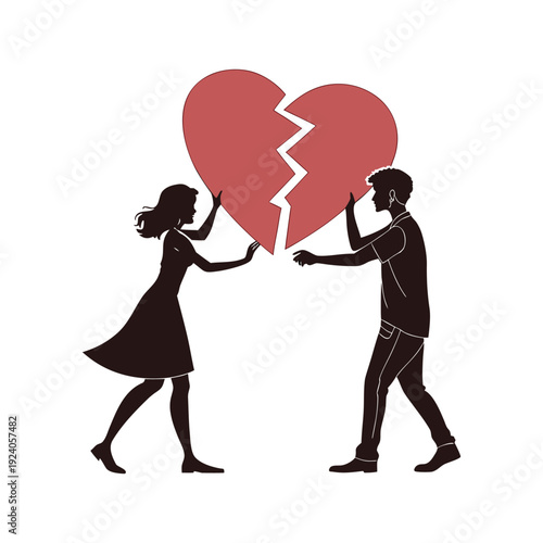 Dramatic couple silhouette breaking a heart icon to illustrate relationship struggles, heartbreak, emotional distance, and love crisis concept