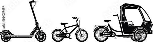 Black silhouette vector illustrations of electric scooter, children’s bicycle with training wheels, and covered tricycle rickshaw, symbolizing eco