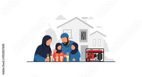 Family with Portable Generator in Front of Home, Emergency Preparedness Scene