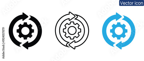 Three variations of settings gear icon with circular arrows, symbolizing configuration and update