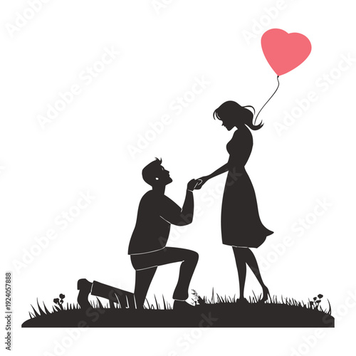 Love proposal scene with couple silhouette and heart balloon representing engagement moment, romance, happiness, and relationship milestone concept