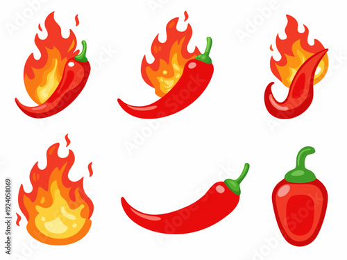 Fiery hot peppers in various shapes and with burning flames displayed