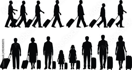 Black silhouette vector illustrations of travelers walking and standing with luggage, symbolizing airport transit, vacation journeys, and tourism themes for design and lifestyle projects.