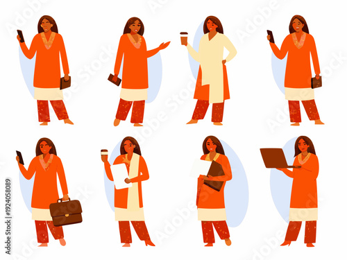 Diverse women in traditional attire engaging in various professional activities