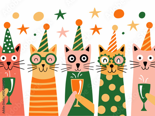 Festive cats wearing party hats and toasting with drinks