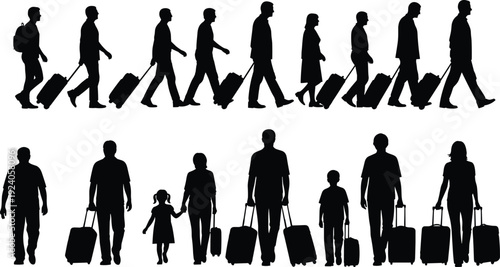 Black silhouette vector illustrations of travelers walking and standing with rolling suitcases, symbolizing airport, vacation, and tourism themes for design and lifestyle projects.