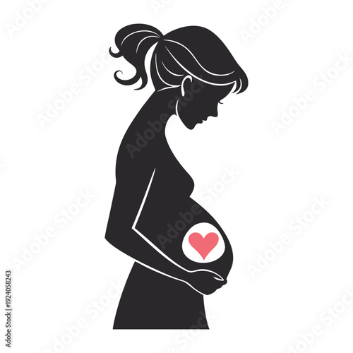 Expecting mother silhouette with heart on belly symbolizing pregnancy care, maternal affection, protection, and baby bonding illustration