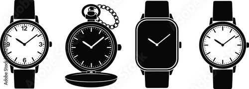 Black silhouette vector illustrations of wristwatch, pocket watch, smartwatch, and minimalist analog watch, symbolizing timekeeping, design evolution, and lifestyle themes for creative projects.