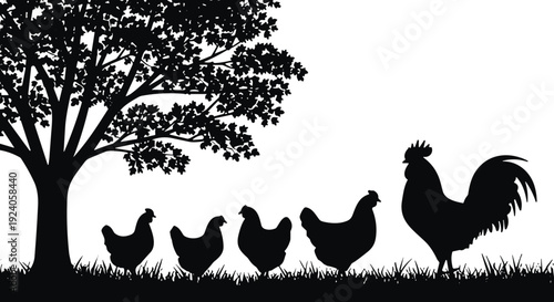 Chicken and rooster silhouettes under tree, farm poultry animals in rural landscape vector illustration isolated on white background