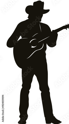 Silhouette of male country musician playing acoustic guitar wearing cowboy hat black vector minimalist flat design isolated on white background