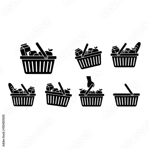 Grocery and Fast Food Silhouette Pack - Shopping Baskets, Milk Cartons and Food Items Icons